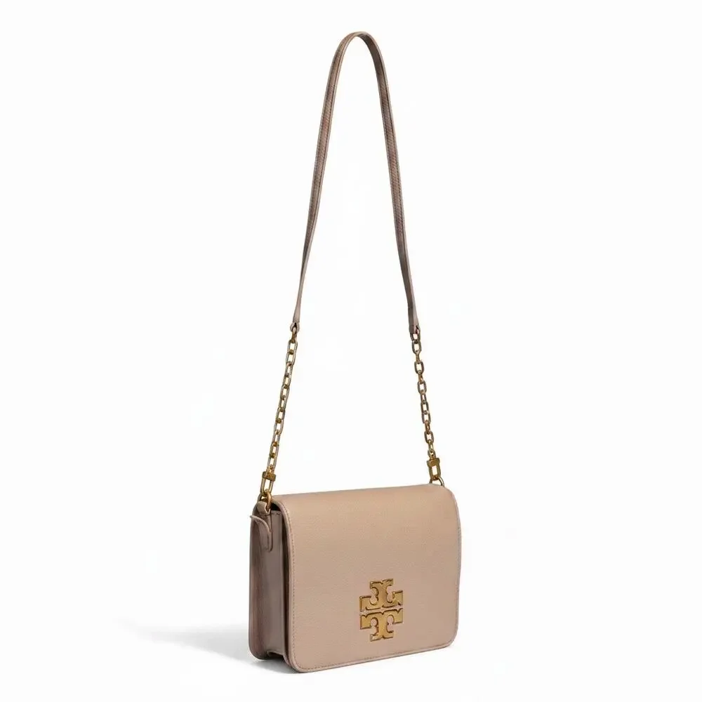 Tory Burch Britten Combo Crossbody Bag Pebbled Leather Chain Purse Gold Logo